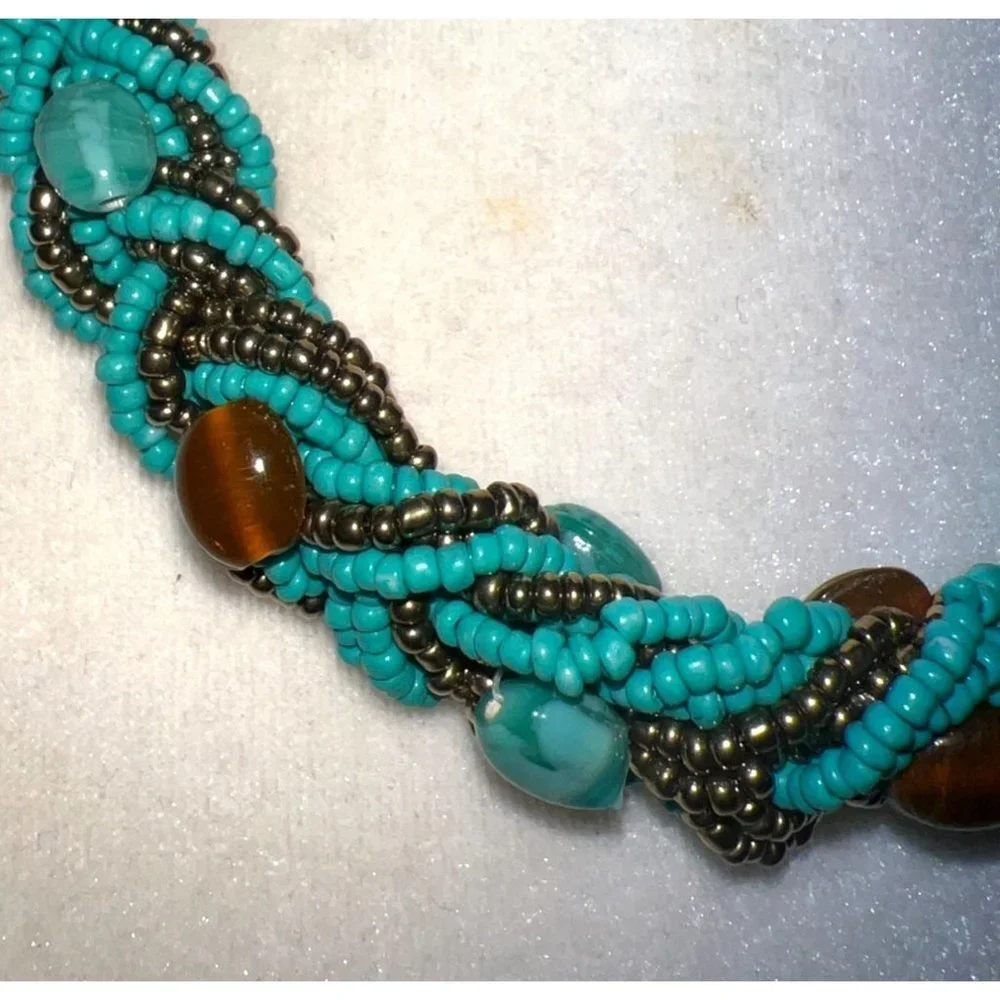 Turquoise Glass Bead Braided Necklace -- 18